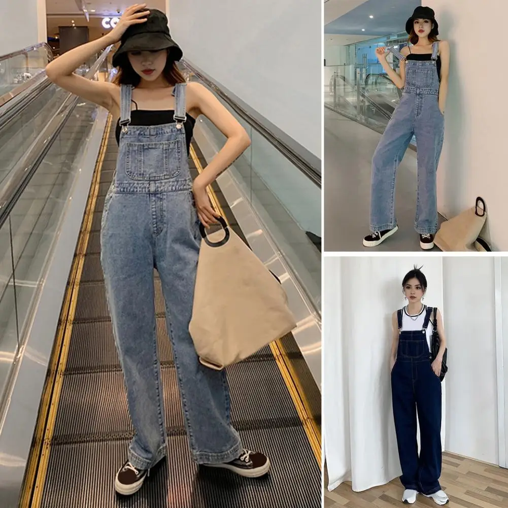 Loose Women Suspender Jumpsuit Adjsutable Strap High Waist Overalls Big Pocket Wide Leg Denim Collarless Young Style Overalls