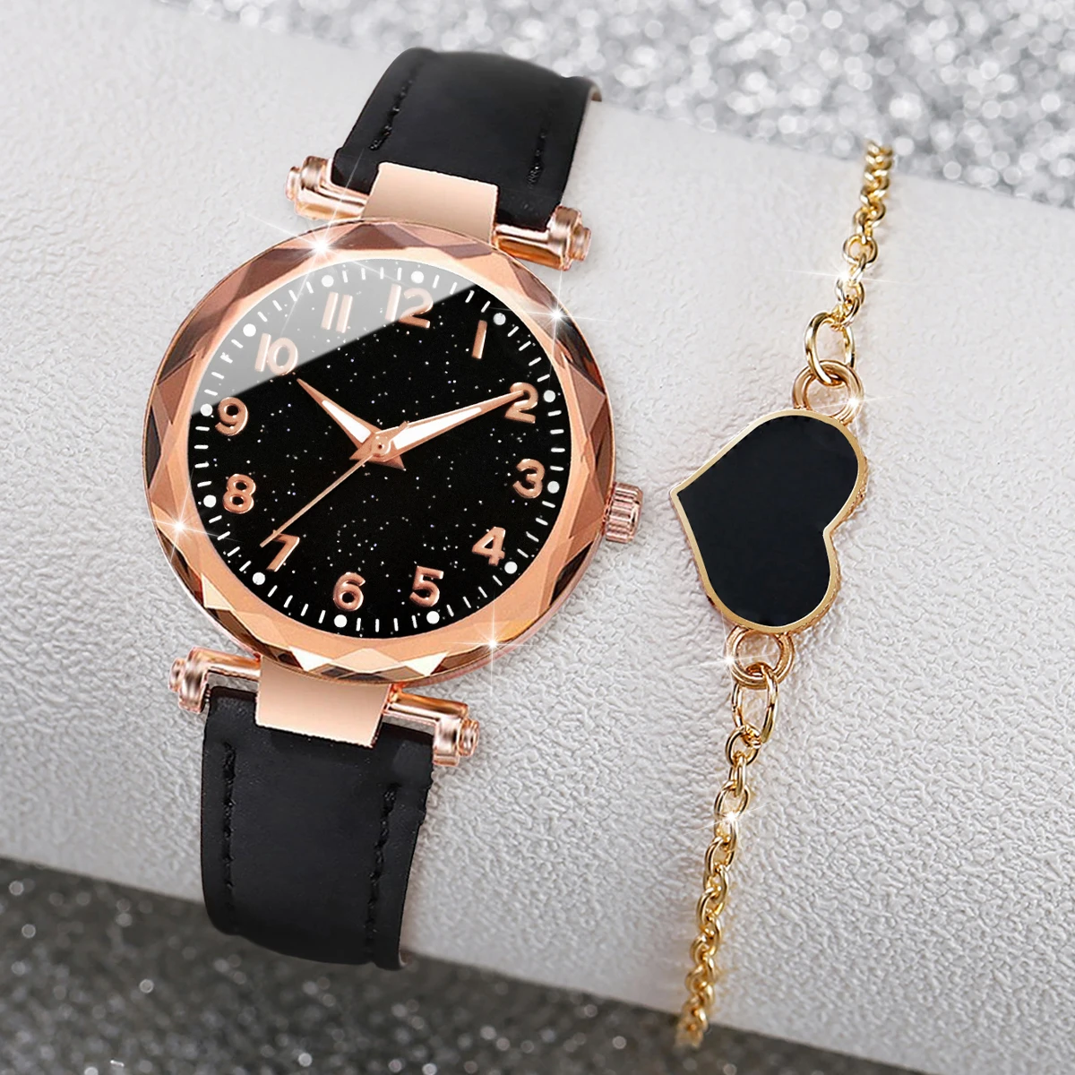 2PCS/Set Fashion Starry Sky Dial Women Watch Leather Band Quartz Watches Heart Bracelet Set