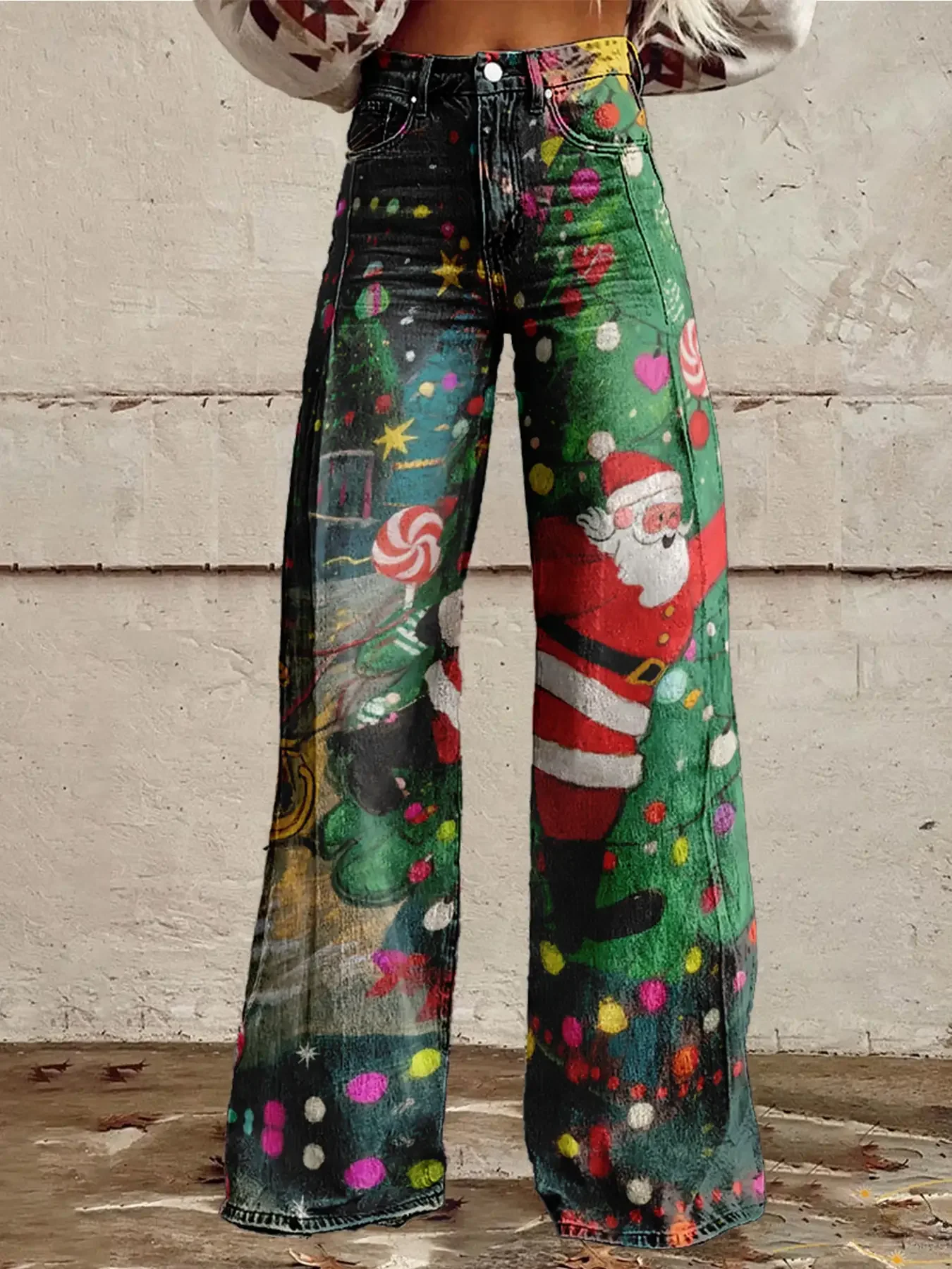 2026 Women's new Fashionable flame print gradient print loose wide leg jeans