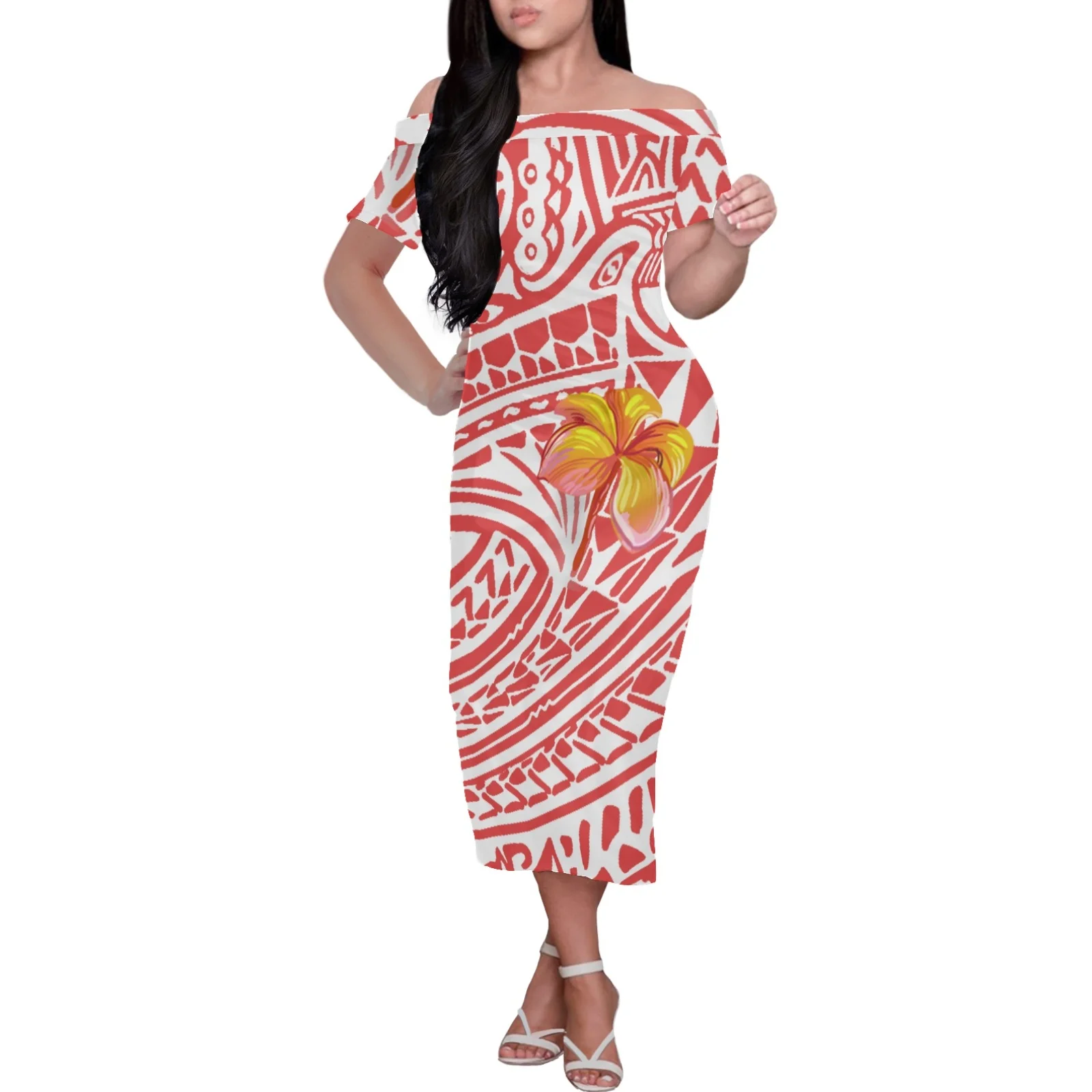 

4XL Off Shoulder Party Dress Women Bodycon Dress Short Sleeve Summer Polynesian Tribal Tattoos Design Island Wear Midi Dresses