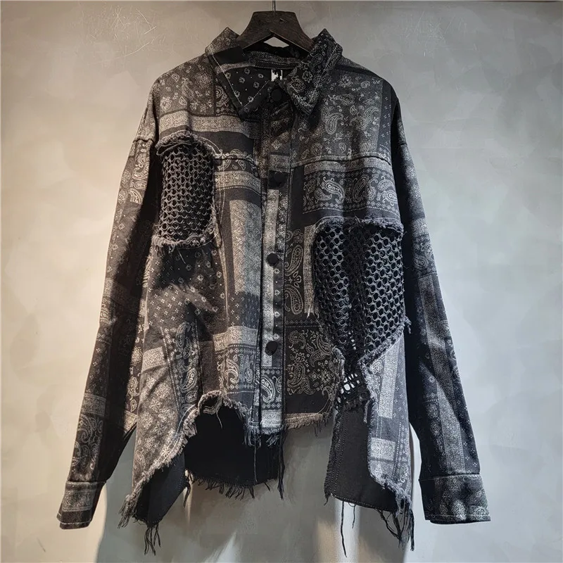 ヨーロッパのトレンディなクールなカシュー花柄デニムスプライシングラペルファッション長袖ジャケットとハーランパンツセット女性用