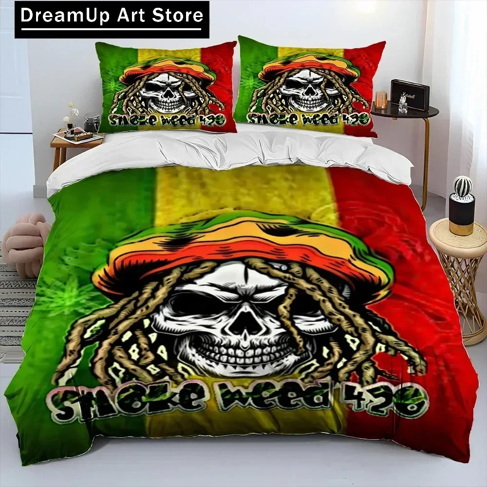 Maple Weed Plants Green Death Skull Bedding Set,Duvet Cover Bed Set Quilt Cover Pillowcase,King Queen Size Bedding Set Adult