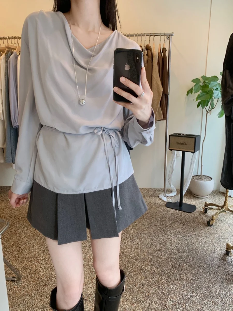 Chic Frühjahr frauen irt Lose Abnehmen Gürtel Taille Ausgestelltes Kragen Chiffon Top Lange Sve Pendeln Sle Farbe