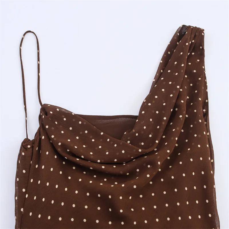 Novo vestido feminino com suspensório de bolinhas e decote plissado