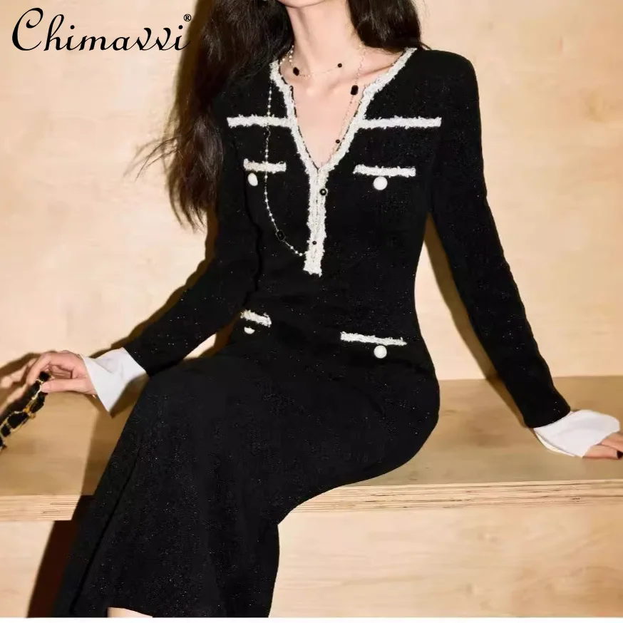 2024 Autumn and Winter New French Fashion Webbing Waist Fishtail Dress Long Sleeve Slim Temperament Women's Long Dresses