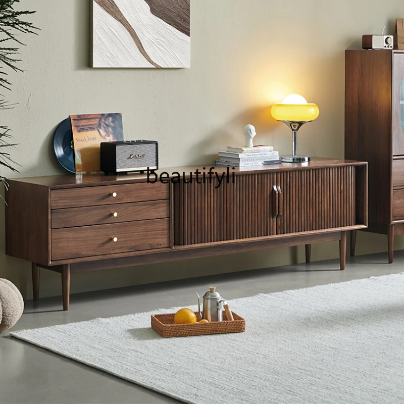 

yj15 Nordic Solid Wood TV Cabinet Black Walnut Color Simple and Modern Coffee Table Combination Living Room Furniture