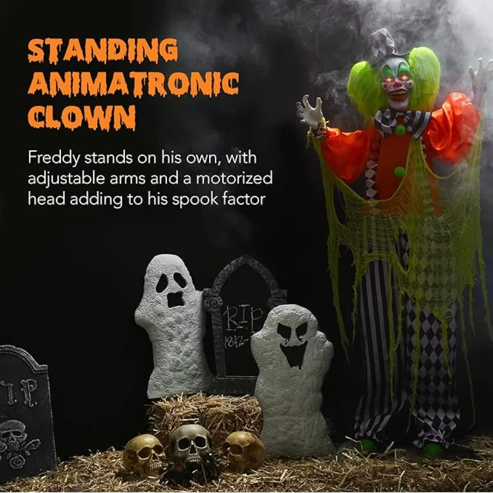 Clown Halloween Prop W/Pre-Recorded Lines, Light-Up Eyes, Moving Arms & Head, Halloween Outdoor Clown Standing Decoration