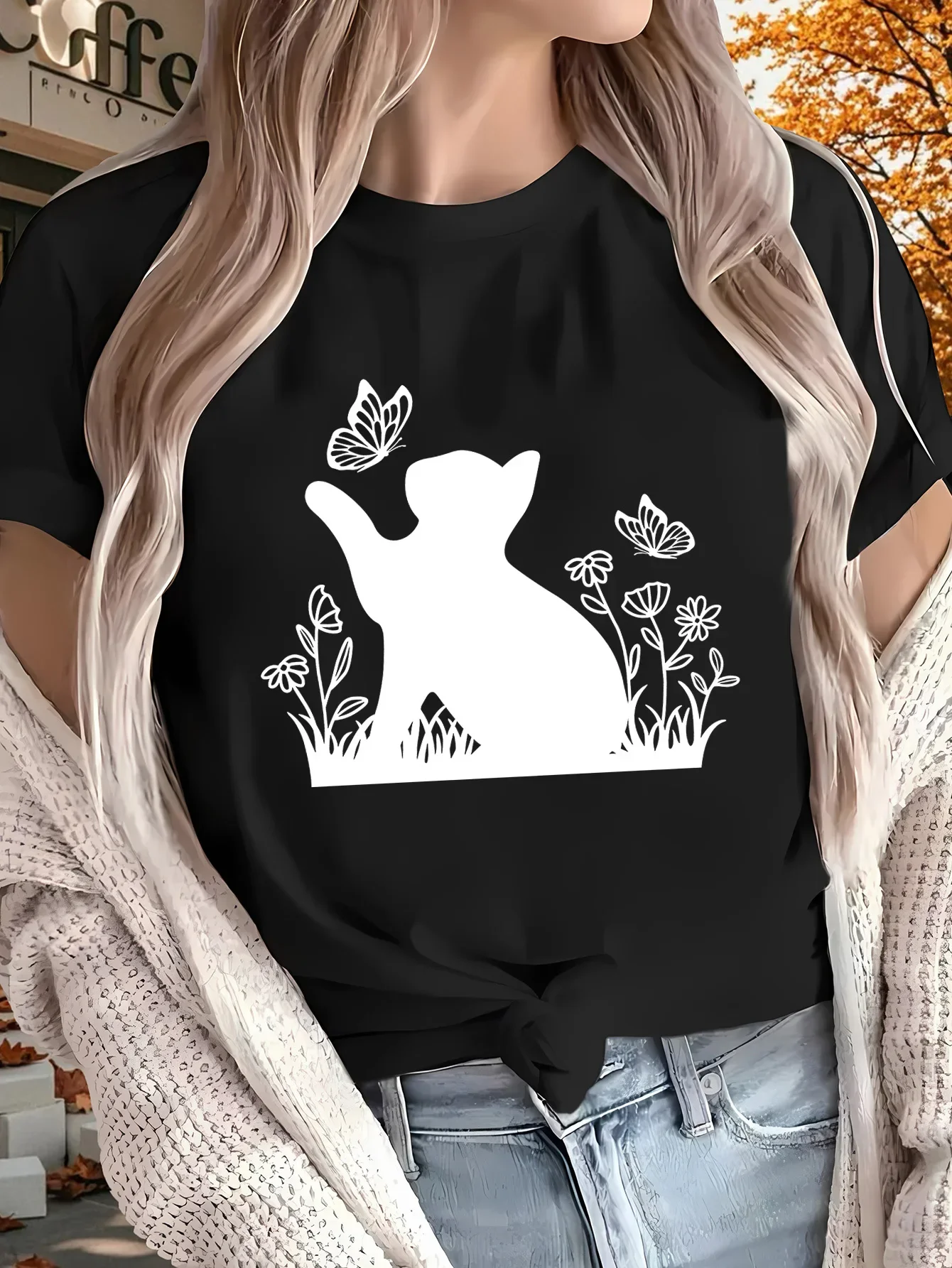 O-neck Butterfly and Cat Flower Pattern Creative Printing Summer Women's Top Short Sleeve Funny Casual Women's Summer Clothing