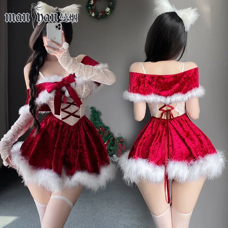 ออกแบบใหม่ผู้หญิงเซ็กซี่ลูกไม้คริสต์มาสปาร์ตี้เต้นรําชุดผู้ใหญ่เลดี้สไตล์ใหม่ปีสีแดง Babydoll สาวหวานคอสเพลย์ชุด