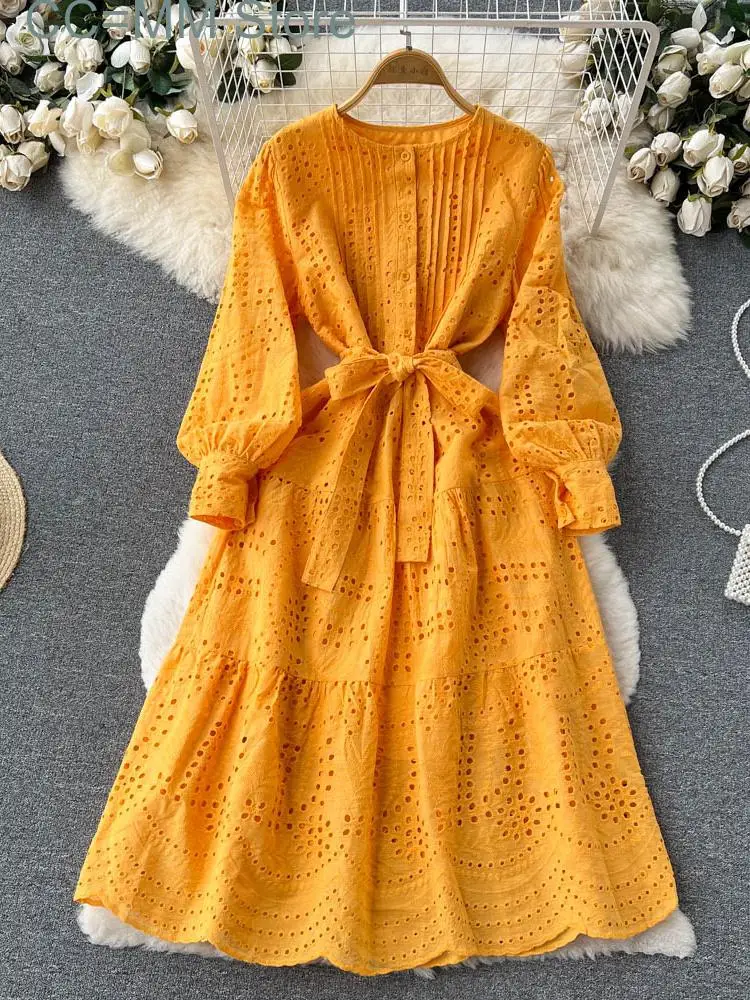 New Women's Hollow Out Dress Purple Lace Up Slim Elegant Dress Vestido Temperament Sweet Korea Chic Spring Summer