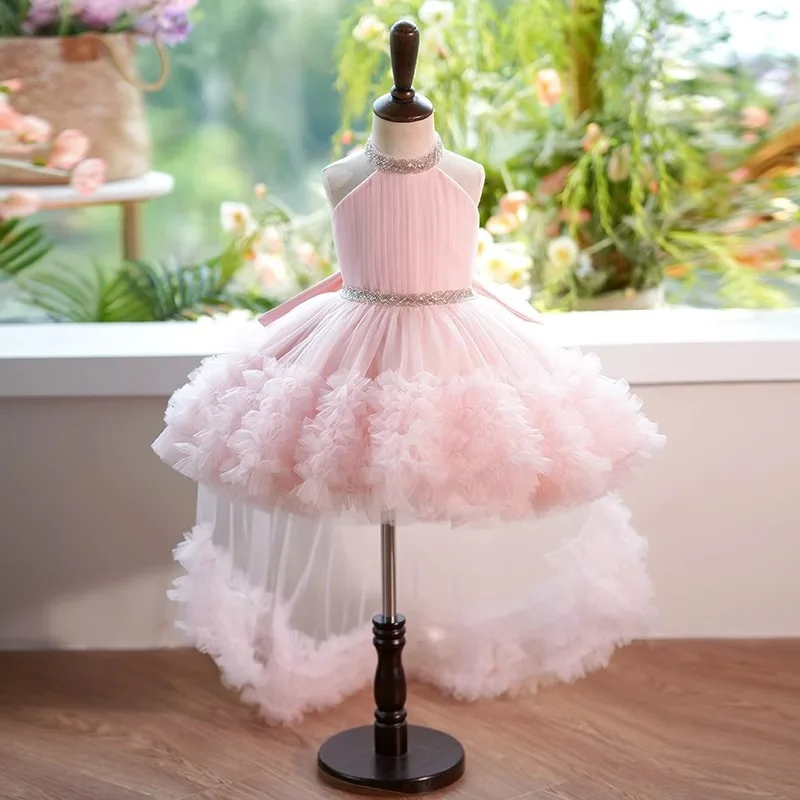 

Luxury 2025 Children Evening Dresses for Girls 1-10Years Kids Birthday Party Ball halter Tailed gown Wedding Prom Formal Dress