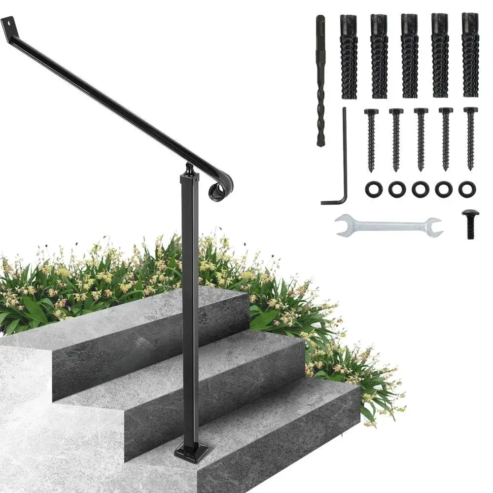 

Wrought Iron Handrail for outdoor for steps 2-3 Step Railings Wall or Floor Mounted with Installation Kit