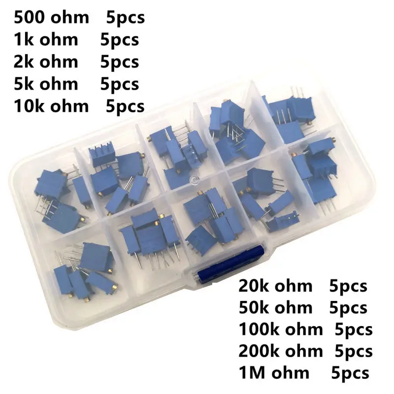 50pcs/lot 3296W Multiturn Trimmer Potentiometer Kit High Precision 3296 Variable Resistor With Free Box electronic Diy Kit