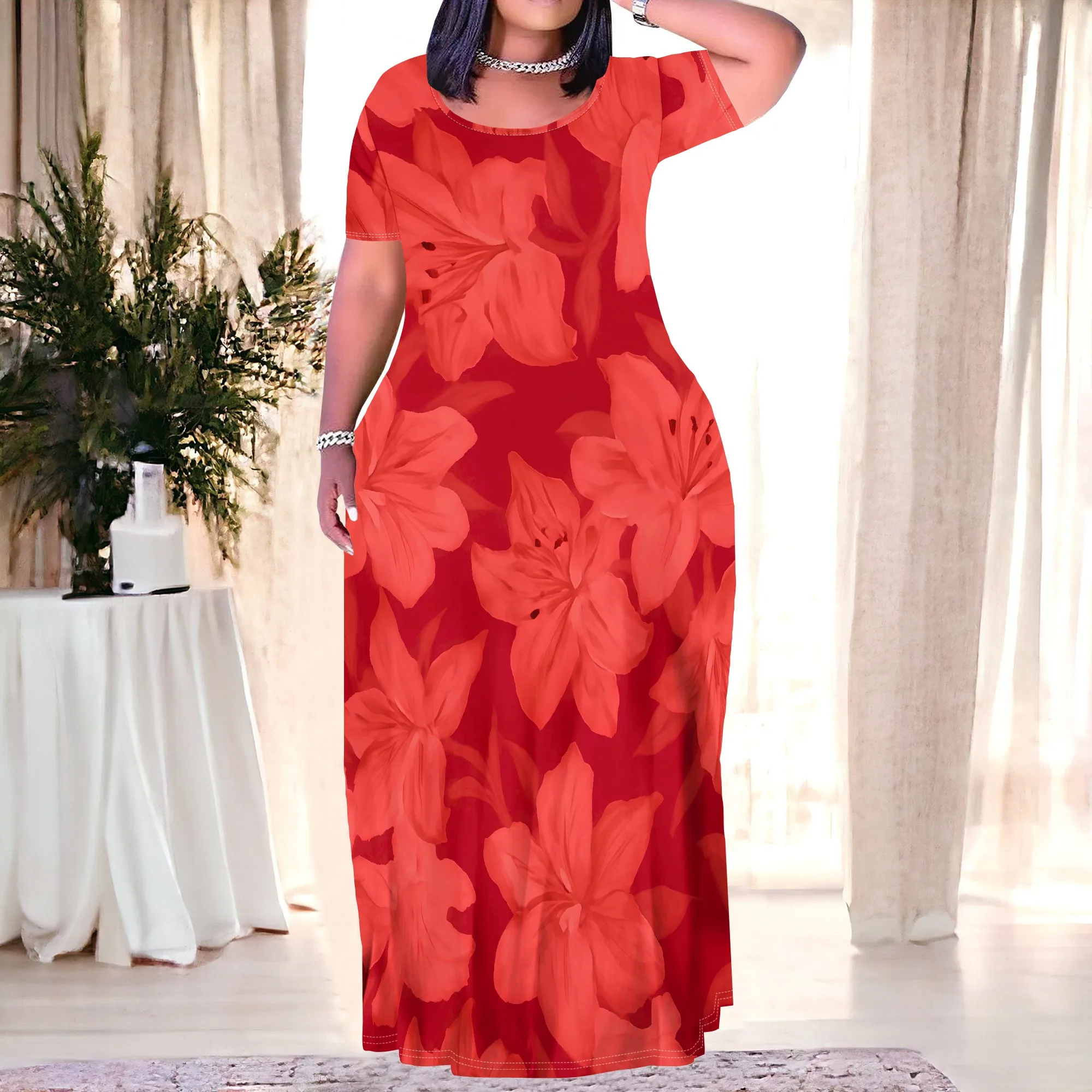 

"Plus Size XL-6XL Red Floral Maxi Dress for Women Short Sleeve Round Neck Summer Casual Holiday Party Outfit"