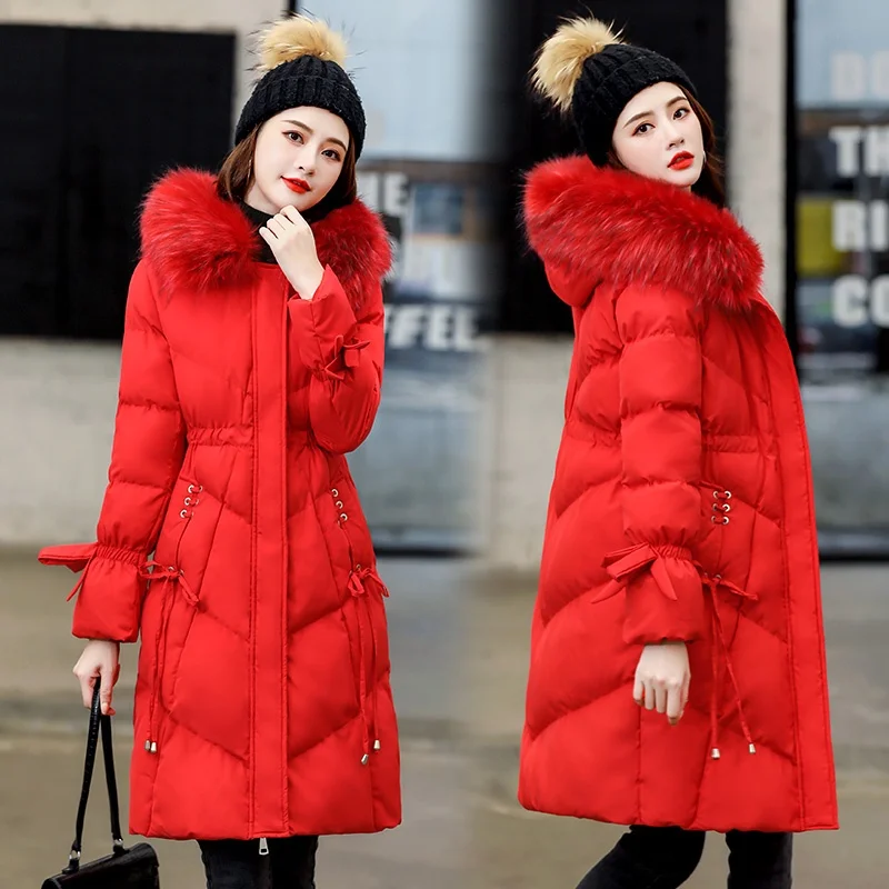 

Red down Cotton Jacket Women's Wedding Return Home Clothes New Year Celebration Clothes Medium Length Cotton Coat Coat