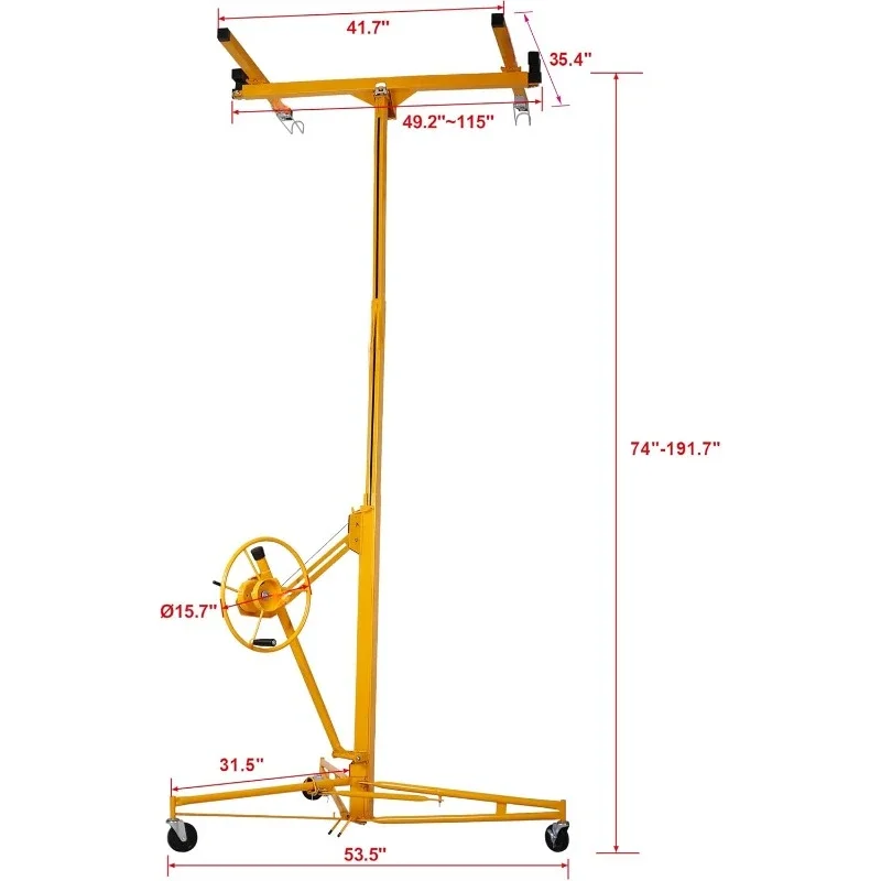 Drywall Lift 16' Panel Hoist, Adjustable Telescopic Arm Drywall Panel Hoist Jack Lifter Rolling Caster Wheels, Lockable