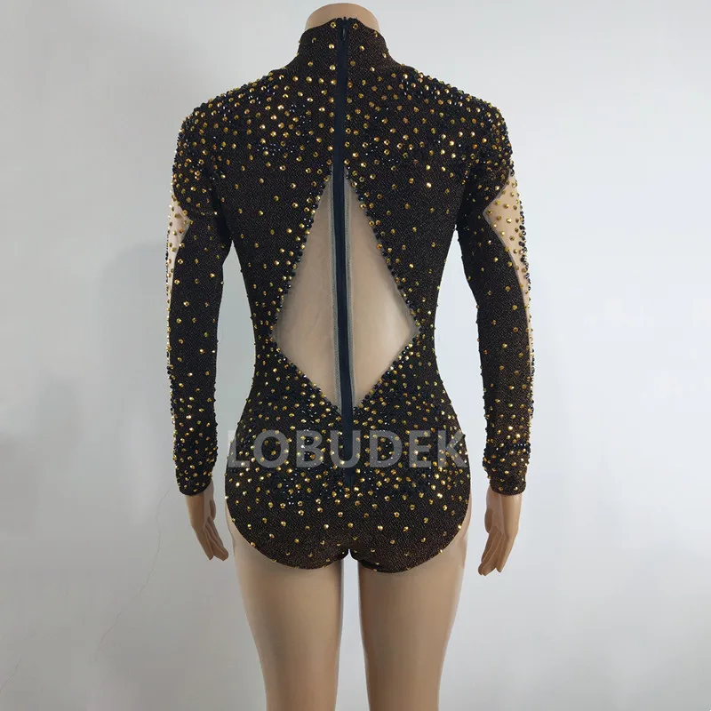 Frauen Tänzerin Sänger Team Sexy Transparent Trikot Gold Strass Engen Body Nachtclub Bühne Tragen DJ Leistung Kostüm