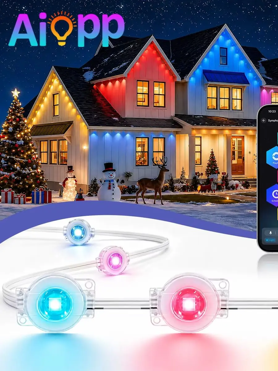 Dauerhafte Außenbeleuchtung mit APP/Fernbedienung, IP67 wasserdicht, Sprach- und Musik-Synchronisation, DIY-Szenen-RGBIC-Smart-LED-Lichterkette für Party, Haus, Außenbereich, Weihnachts- und