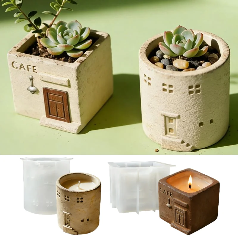 DIY Hausform Kerzenhalter Silikonform Sukkulenten-Blumentopf Stifthalter Desktop-Ornamente Gips-Zement-Harz-Formen Wohndekor