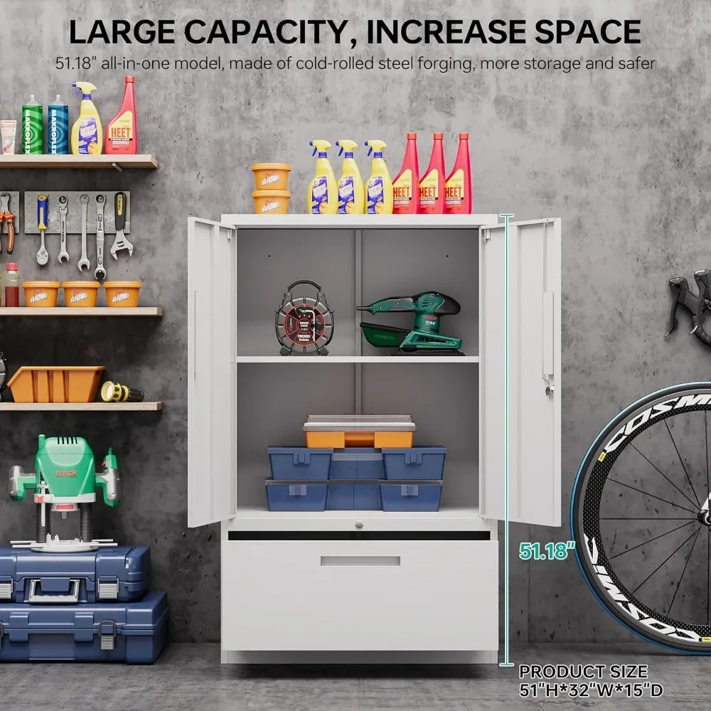 Metal Storage Cabinet with Drawer,White File Cabinets, Locking Steel Storage Cabinet with Doors and Shelves for Home,Office