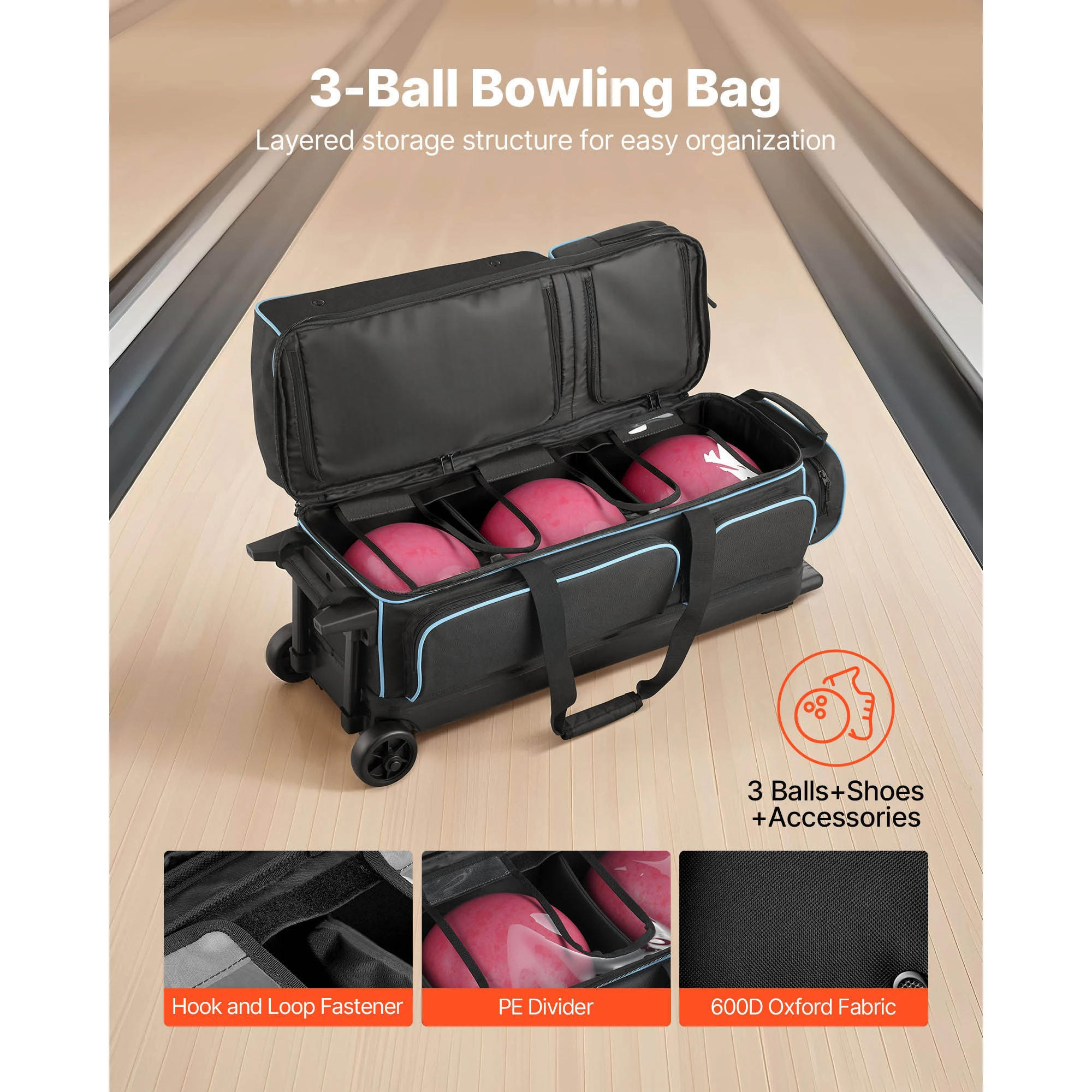 VEVOR Bowling Ball Bag 3 Ball Double Roller Bowling Bag Featuring a Separate Compartment for Shoes Retractable Handle Extends