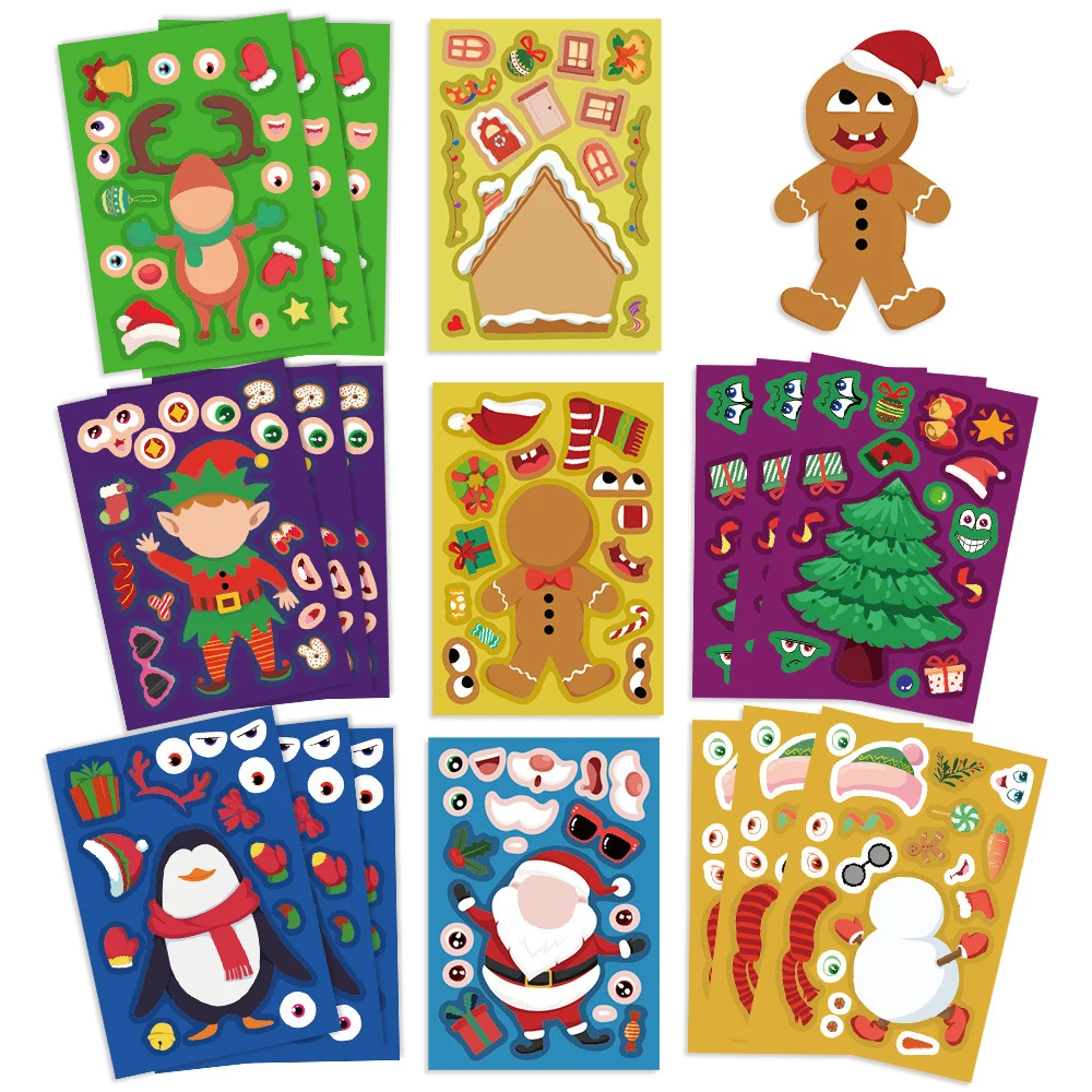 8/16sheets Christmas Puzzle Stickers Create Your Own Santa Claus DIY Make-a-Face Kids Jigsaw Games Children Party Decoration Toy