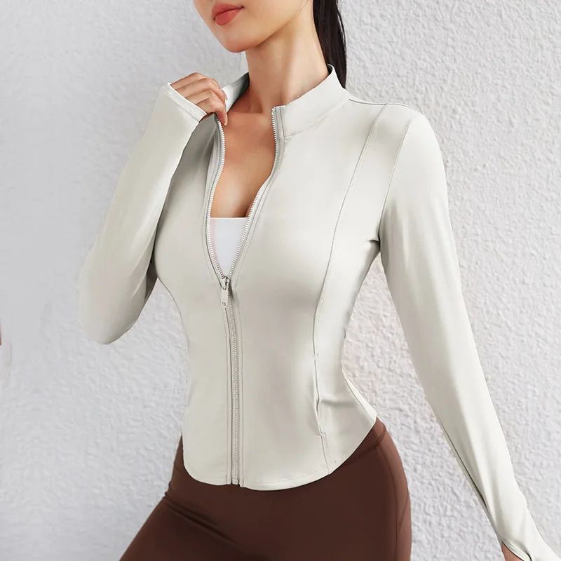 المرأة الوقوف طوق البريدي سترة اليوغا طويلة الأكمام الدراجات سترة سريعة الجافة تجريب الجري أعلى الخريف الشتاء الصالة الرياضية معطف مثير