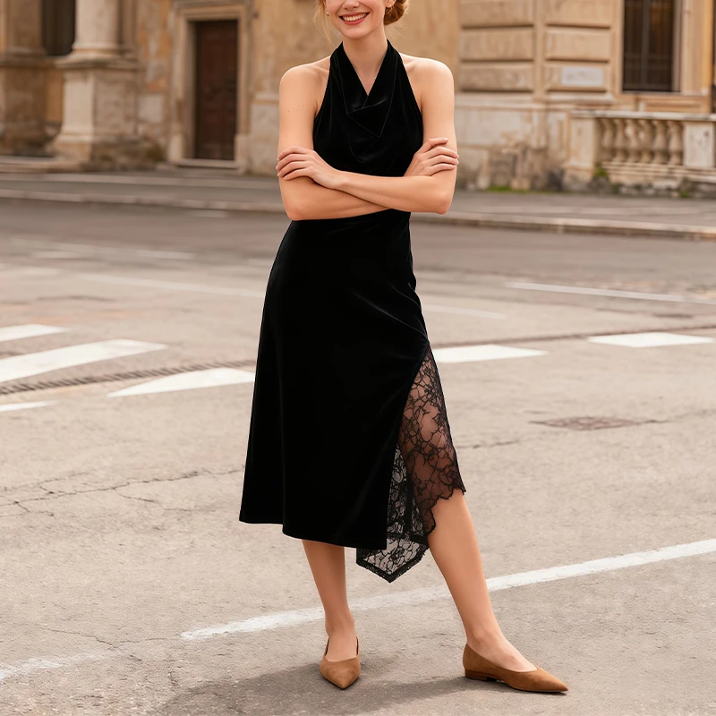 여성 패션 드레스 홀터넥 비대칭 밑단 레이스 패치워크 부드러운 벨벳 미디 드레스 우아한 이브닝 데이트 의상 트라피자란