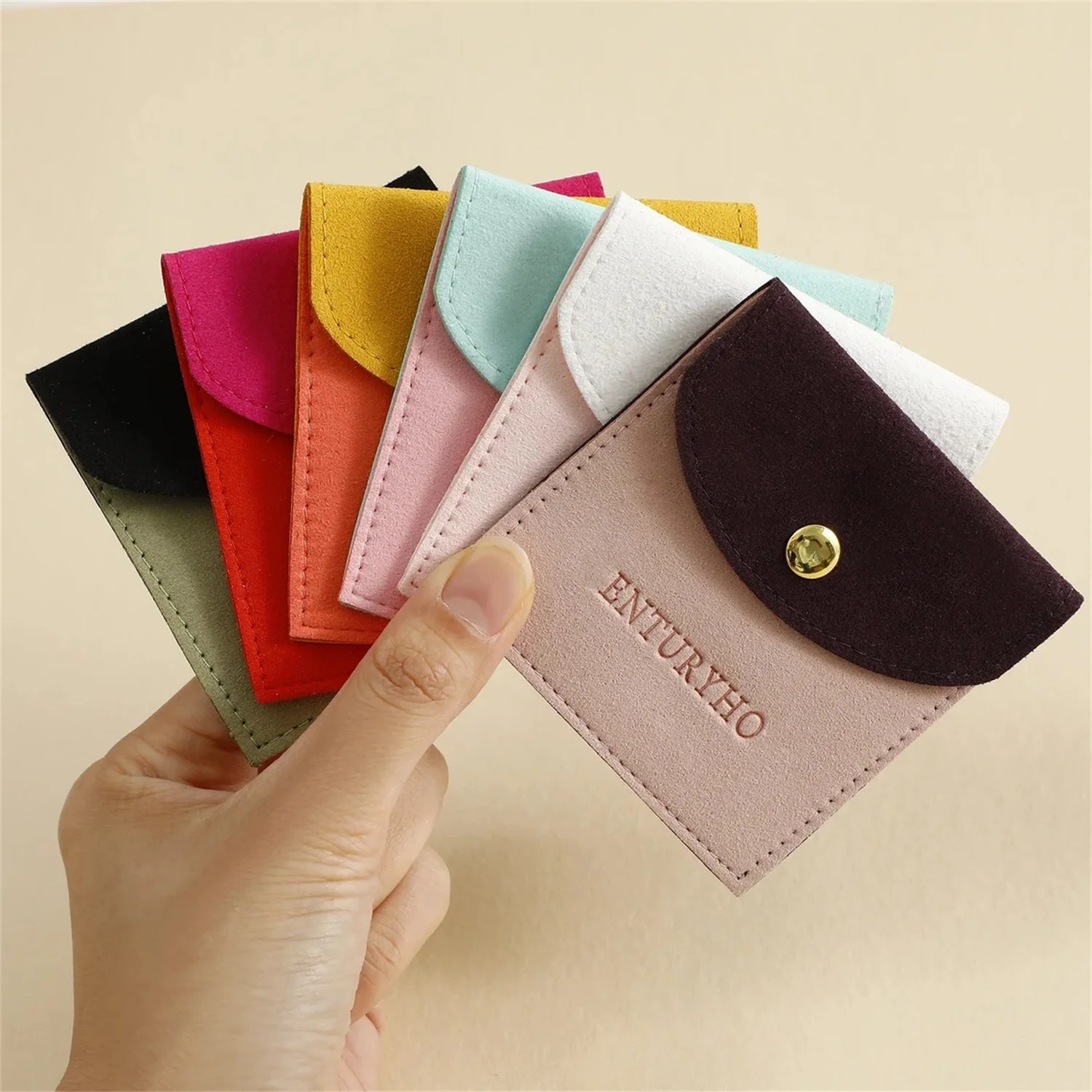 

50pcs 8×8cm custom jewelry package supplies personalize logo microfiber pouch bag with button necklace packaging bags with logo