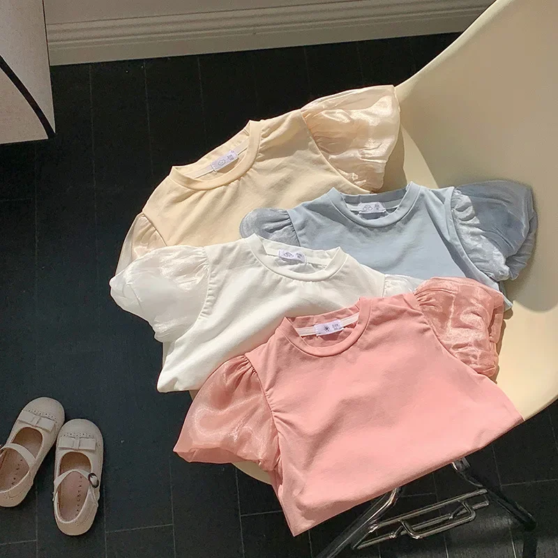 

Summer 2025 Young Babys Girl Tees Shiny Bubble Short Sleeve Toddler Girls Tops Muslin Korean Spliced Thin Children Girl T-shirts