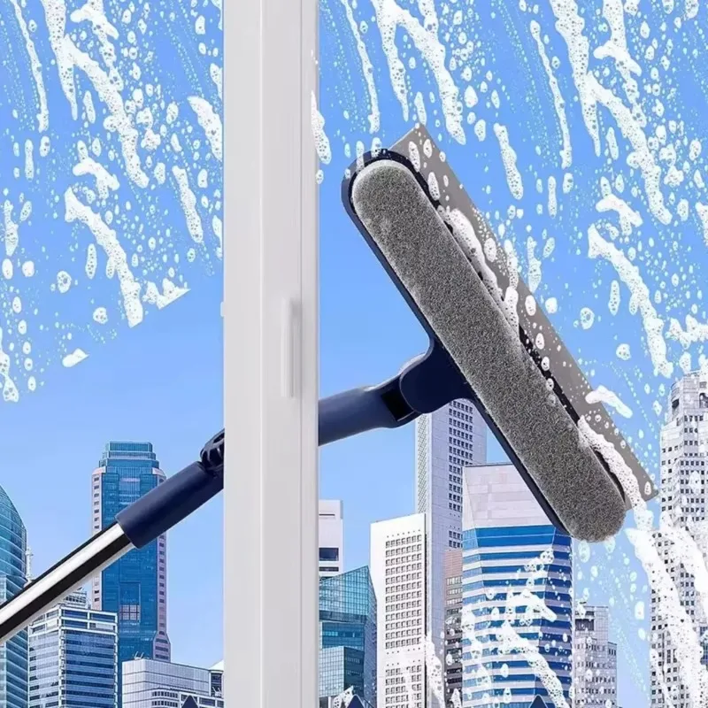 2-In-1 Double-Sided Telescopic Glass Scrubber with Squeegee And Detail Brush - All-Purpose Cleaning Tool for Walls Floors Window