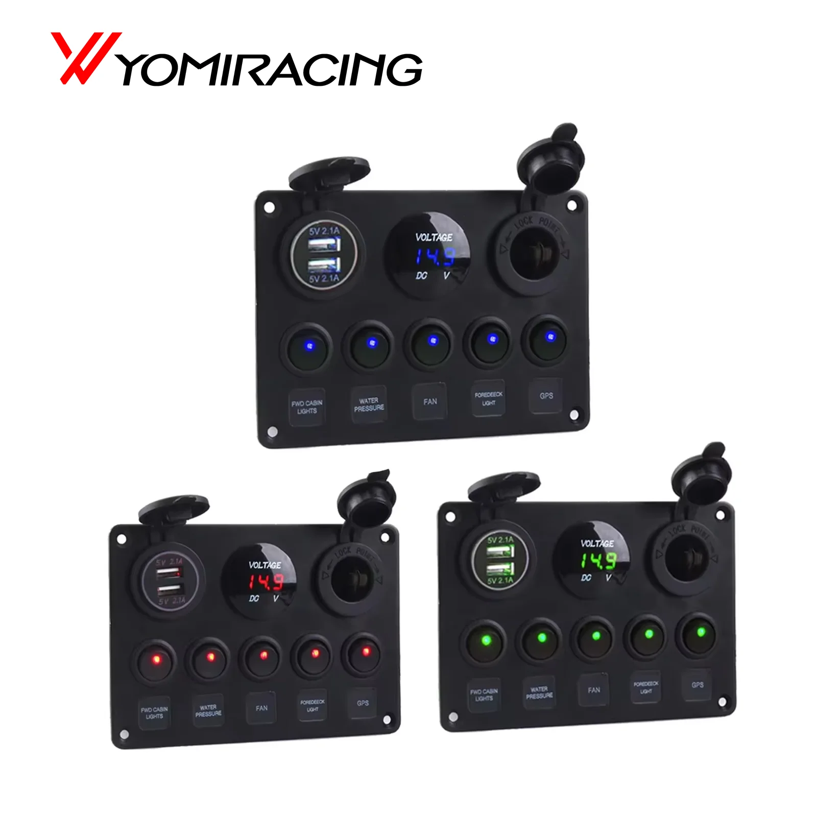

LED Toggle Rocker Switch Panel Digital Voltmeter Dual USB Port 12V Outlet Combination Waterproof for Car Marine Ship