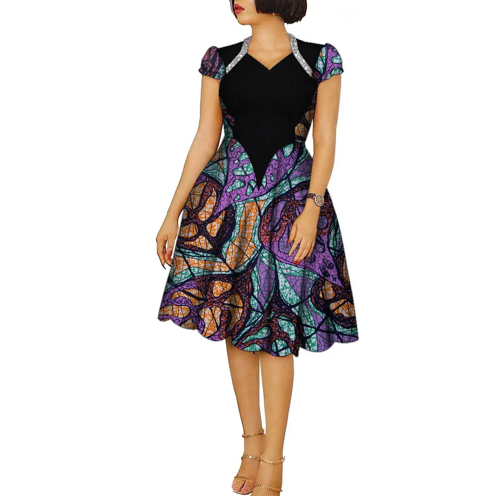 African Dresses for Women Ankara Fashion Patchwork Knee Length Pleated Lady  Dresses Vintage Maxi Women V-neck Dress WY9273 - AliExpress 200000532