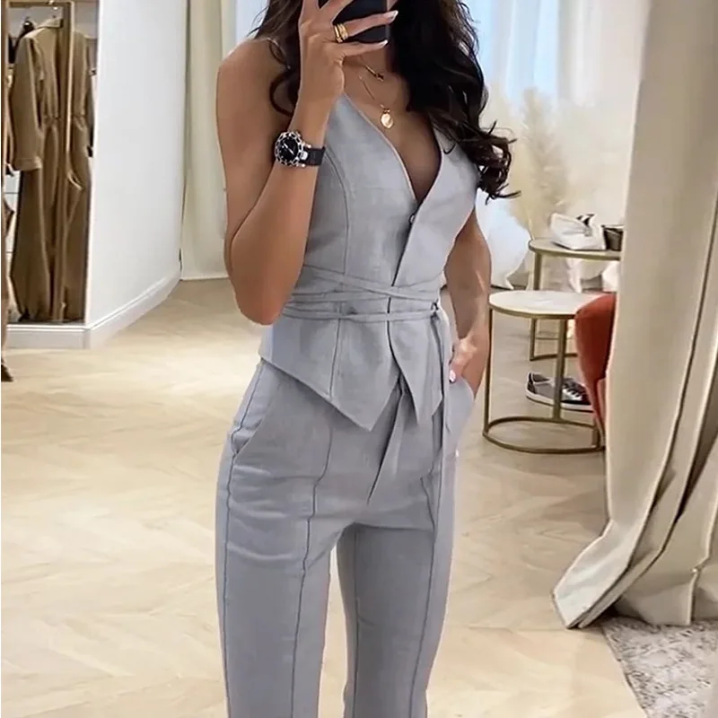 Two Piece Set For Women V-neck Slim Sleeveless Leace-up Tops Tight Long Pants Ladies Sets 2023 Spring Summer New Offce Commuting