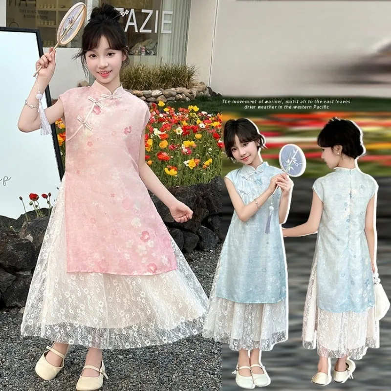 Girls Skirt Children's Clothing China Style Kids Silk Tie-dye Printed Cheongsam Dress Casual Simple Daily 2025 Summer New