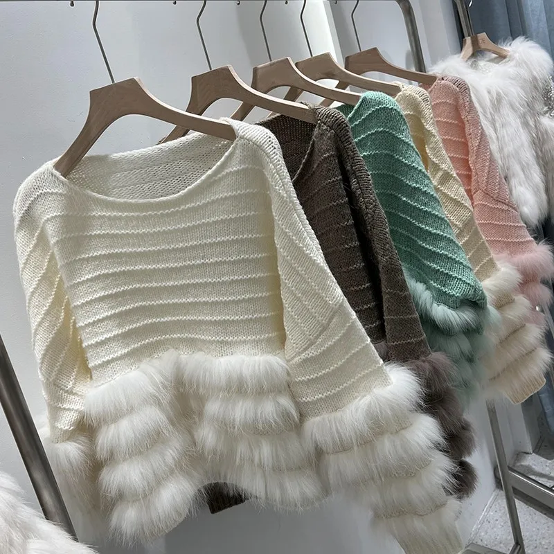 2022 Women Fashion Autumn Spring Thin Real Fox Fur Round Neck Sweater Real Fur Trim Loose Sweater