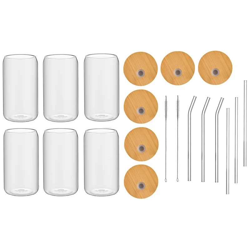 6Piece Set Drinking Glasses 16Oz Clear Iced Coffee Cup With 6 Bamboo Lids And 6 Glass Straws