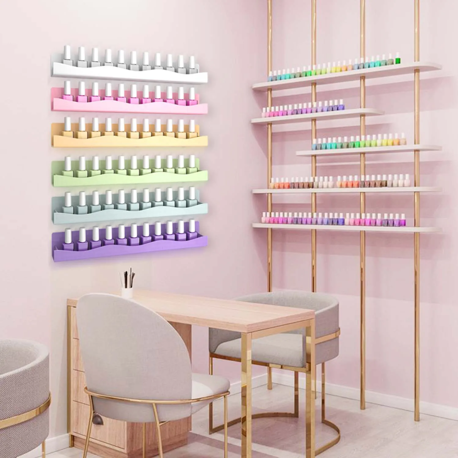 

6 Rainbow-Colored Acrylic Nail Polish Wall-Mounted Shelves, Can Hold 48-66 Bottles, Dreamy and Fashionable, Modern and Simple, Rich in Space Decoration
