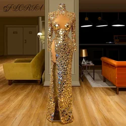 Dubai Women Full Crystal Sequin Evening Dresses 2024 Gold Stunning Celebrity Party Dress Prom Gown Formal Occasion Vestido Noite