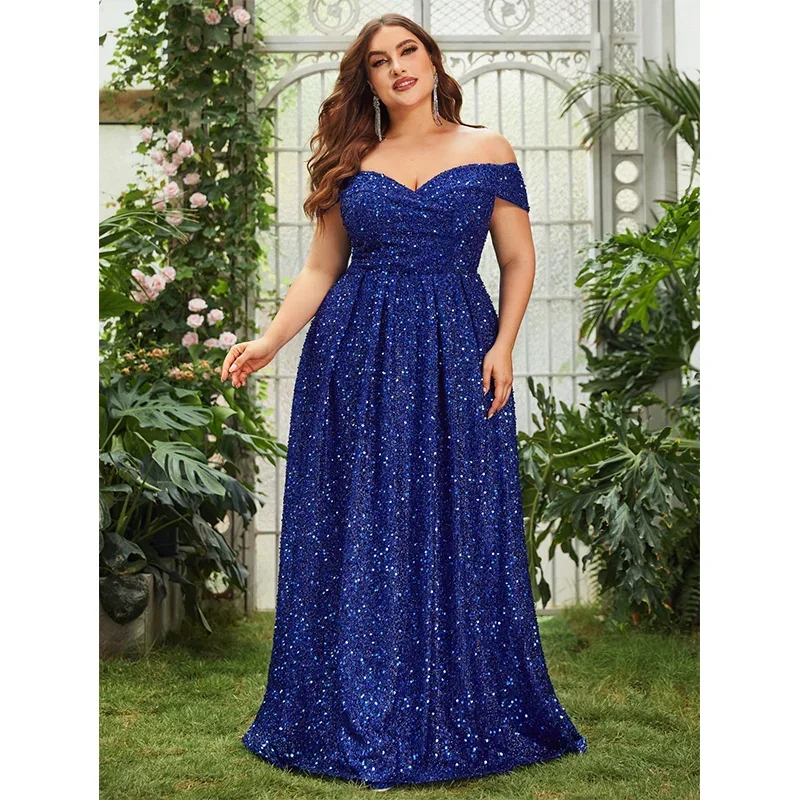 Plus Size Backless Off Shoulder Royal Blue Sparkling Wedding Evening Dress Big Size Floor Standing Gorgeous Prom Dress