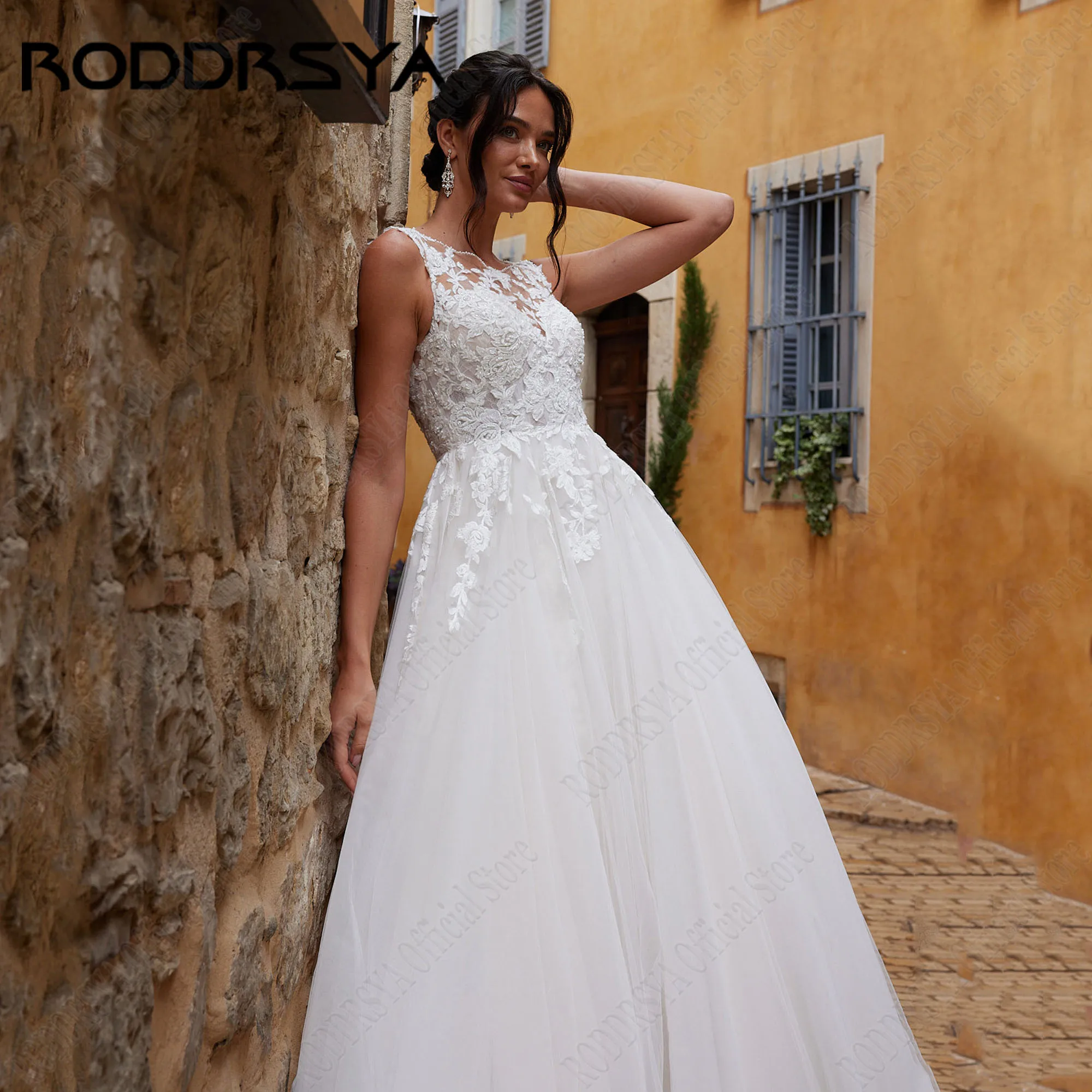 RODDRSYA-vestido de novia elegante sin mangas para mujer, vestidos de novia de línea a de encaje, cuello redondo, botón trasero, tren de barrido de tul, talla grandeVestido de novia femenino roddsya elegante sin mangas