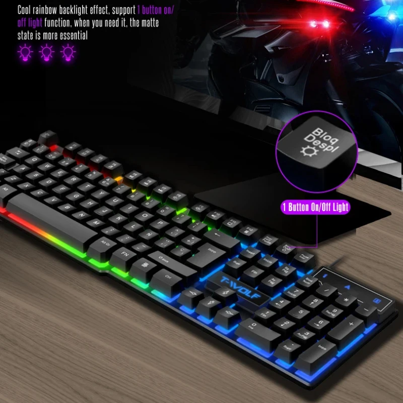 T-Wolf Tf200 Usb Wired Gaming Keyboard Mouse Set Spanish Russian Layout Rgb Backlit Suspended Keycaps Mechanical Feel For Gamers