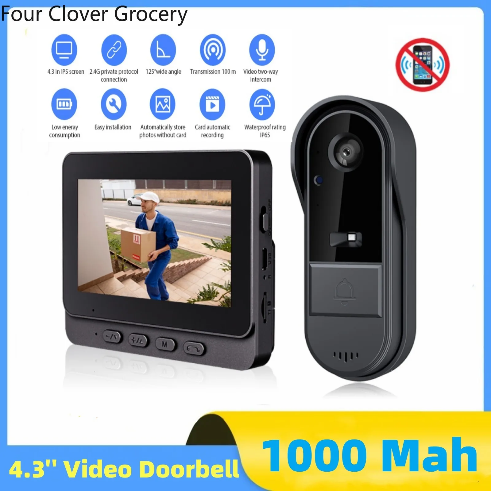 4.3 Inch Smart Wireless Video Doorbell IPS Screen Infrared Night Vision Two-way Intercom Doorbell Camera for Home Security