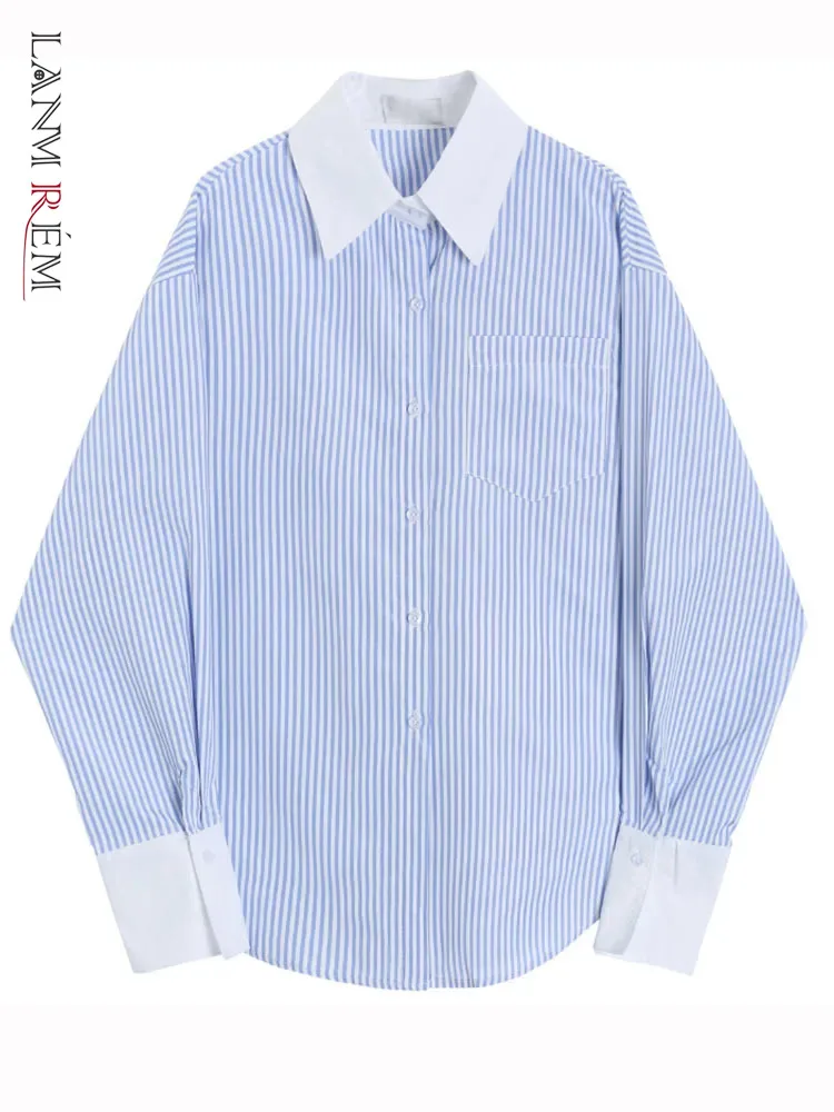 LANMREM Blue And White Striped Contrasting Long Sleeved Shirt For Women 2025 Spring New Office Lady Chic Top Clothes 2DA7152