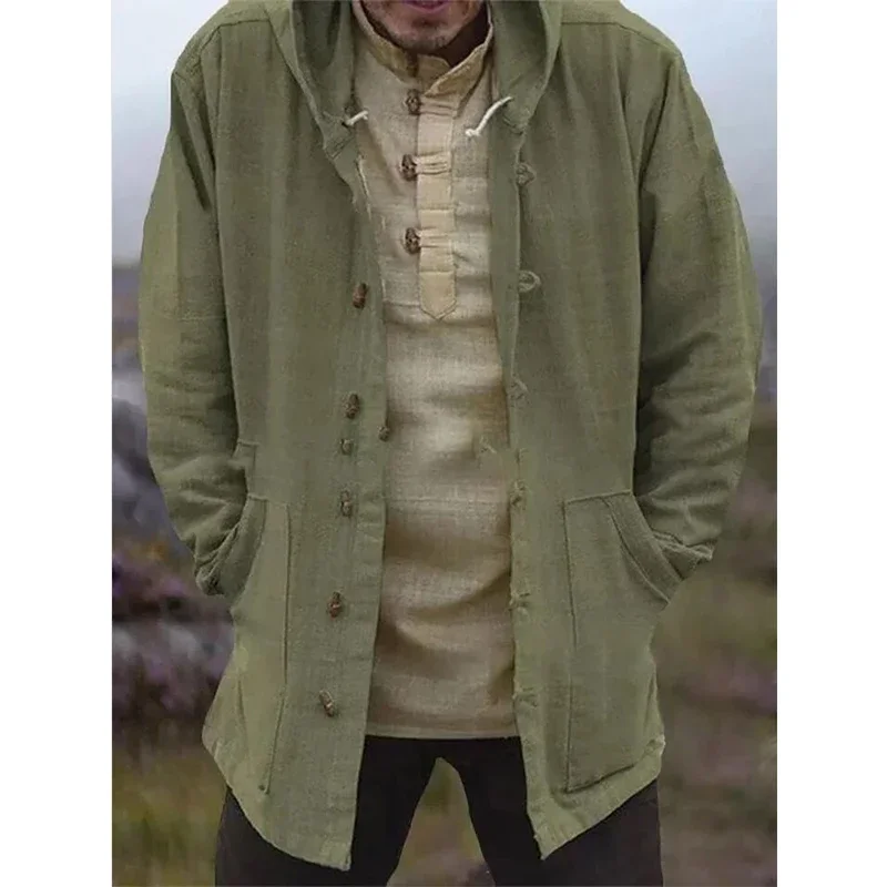 Fashion Vintage Solid Hooded Men Shirt Summer Sexy Long Sleeve Button Cardigan Thin Coat Spring Men Casual Loose Windbreaker