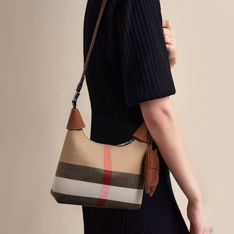 Women's New Style Checkered Canvas Bag - High-End Feel, Light Luxury, Niche, Vintage & Fashionable, with Top-Handle