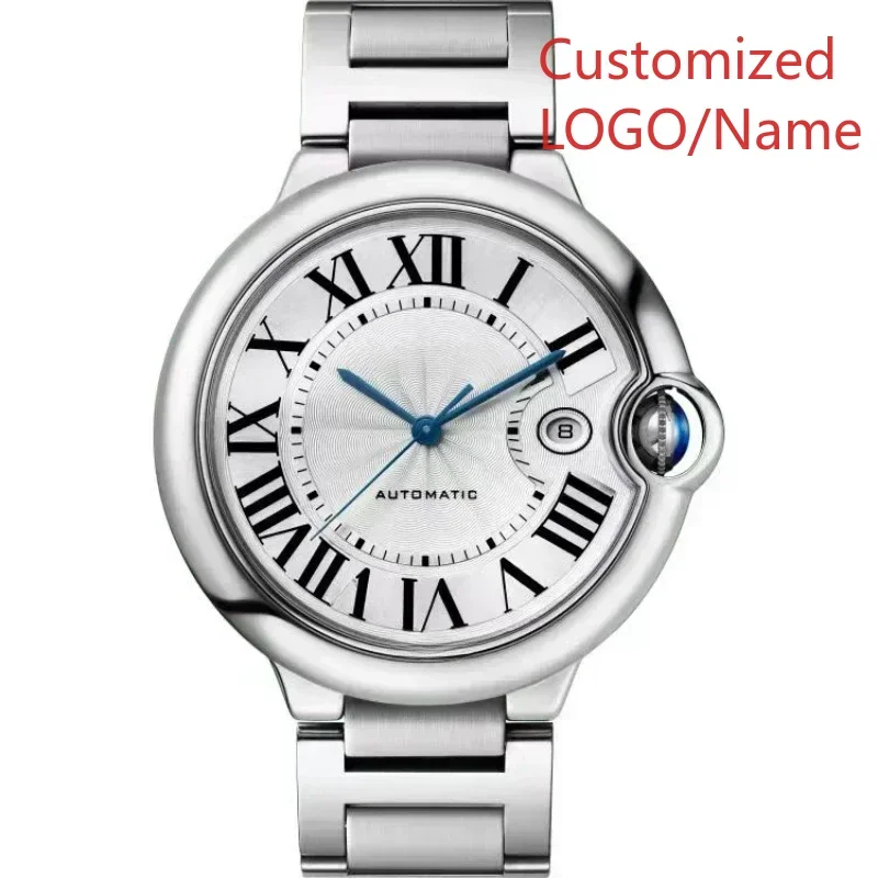 الرجال النساء الياقوت بالون سلسلة التلقائي حركة ميكانيكية ساعة الفولاذ المقاوم للصدأ حزام من الجلد الأسود الأزرق حسب الطلب #3