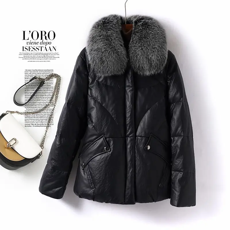 Women's Short Style Leather Down Jacket Winter New Fox Fur Neck Thickened 90 White Duck Down Solid Color Versatile Coat