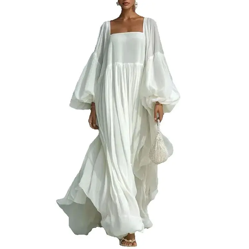 Witte Boheemse elegante zwierige maxi-jurk voor dames, sexy vierkante kraag, hoge taille, lange jurken, lente-lantaarnmouwen, losse feestjurken - afbeelding 2