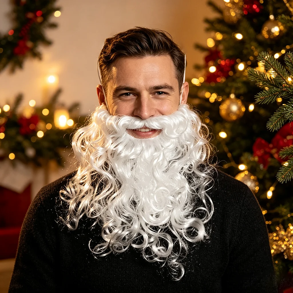 White Santa Claus Beard Adjustable Fake Curly Costume Prop Christmas Theme Dress Up Accessory Holiday Party Supplies for Adults